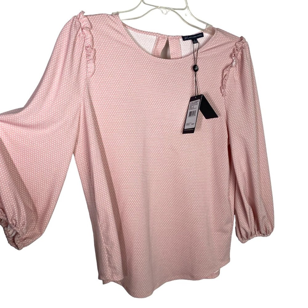 NWT Adrianna Papell pink dots ruffle armhole shoulders 3/4 sleeve stretch Small
